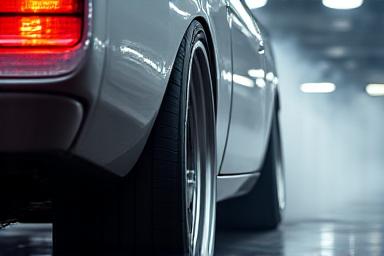 Car on dynamometer with rear wheels spinning